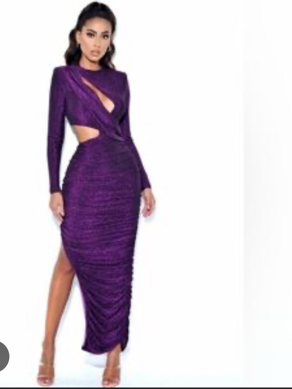 Miss Circle Purple Metallic Ruched Cutout Midi Dress Size M Party Cocktail Dress